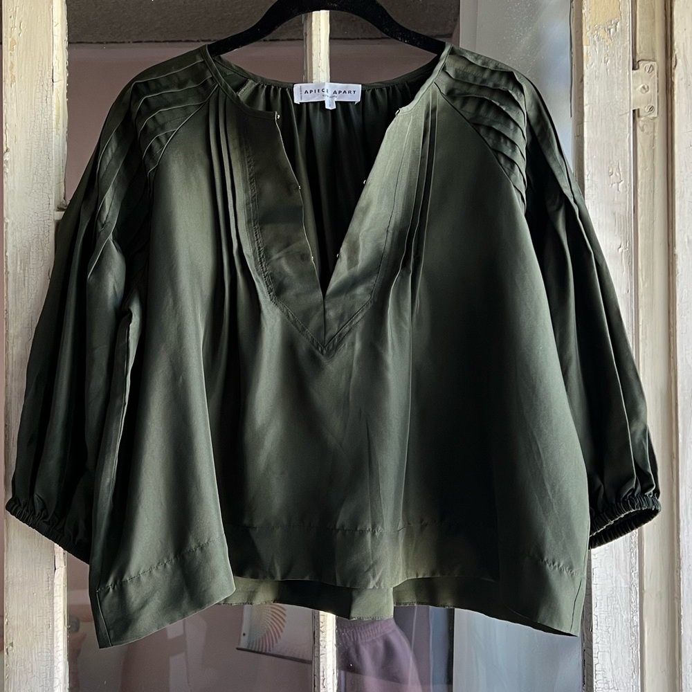 Apiece Apart Green Tan Tan Silk 3/4 Sleeve Blouse
